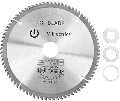 Lama Circolare in Argento con 80 Denti TCT 185 mm per Taglio del Acciaio Alluminio Ferro Legno + 3 Anelli di Riduzione