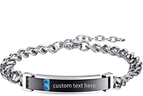 JewelryWe Personalisiert Armband Panzerkette Herren: Edelstahl Poliert Kubanische Kette Armreif Armkette Kettenarmband mit Blau Zirkonia und Gravur Schmuck Geschenk für Männer