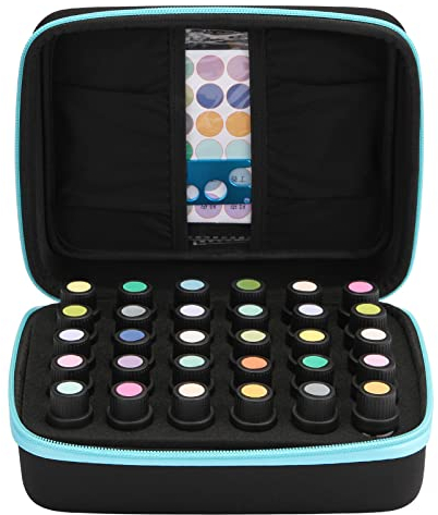 FITNATE Ätherische Öle Aufbewahrungsbox, 30 Flaschen ätherische Öle Koffer(5/10/15ml), Ätherische Öle Box mit Flaschenöffner, Etikettenaufkleber und Geschenkkarte, wasserdicht stoßfest und haltbar