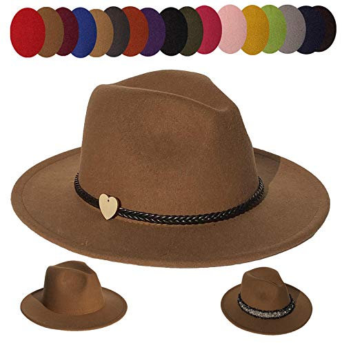 JK Home Wide Brim Fedora Hat - Felt Panama Cap - 2pcs Adjustable Bands - Vintage Style Cosplay Khaki