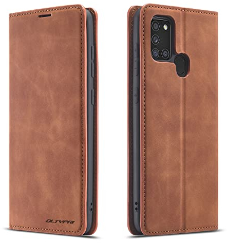 QLTYPRI Hülle für Samsung Galaxy A21S, Premium Dünne Ledertasche Handyhülle mit Kartenfach Ständer Flip Schutzhülle Kompatibel mit Samsung Galaxy A21S - Braun
