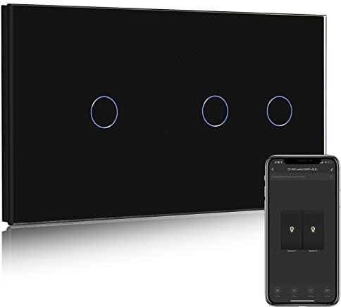 BSEED Interruptor de Pared WIFI,Interruptor Inteligente 2 Gang 1 Via +1 Gang 1 Via,Compatible con Alexa,Google Home,Control de APP y Función de Temporizador,Pantalla Táctil Nergo【Se necesita Neutro】