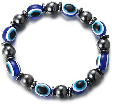 Halukakah ● Böser Blick ● Armband Perlen Kabbale Schutz Hämatit Handgemachtes Zierliches Dehnbar Armband für Männer Frauen Navy Blau Auge mit KOSTENLOSE Geschenkbox