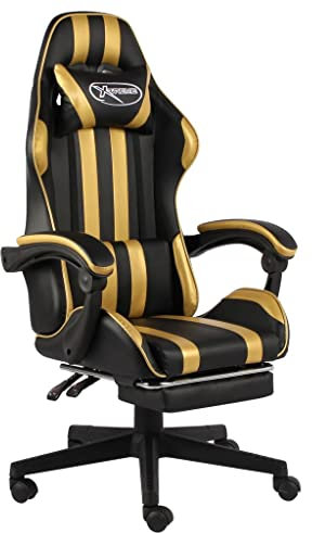 vidaXL Gaming Stuhl mit Fußstütze Höhenverstellbar Schreibtischstuhl Bürostuhl Chefsessel Drehstuhl Racing Sportsitz Schwarz Golden Kunstleder