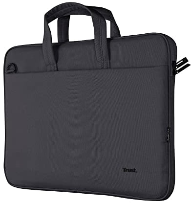 Trust Bologna Slim Laptop Eco Tasche bis 16 Zoll aus Recyceltem Kunststoff, mit Schultergurt, Nachhaltige Umhängetasche für Reisen, Business, Büro, Schule - Schwarz