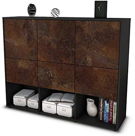 Stil.Zeit Highboard Kommode Zaccaria, Korpus anthrazit matt, Front Industrie-Design Rost (136x108x35cm), Push-to-Open Technik & Leichtlaufschienen