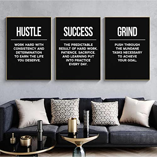 Yinaa Decor Leinwandbilder Grind Hustle Success Motivierende Poster und Drucke Giclée-Kunstwerke für Büro-Arbeitszimmer-Dekoration 40 x 56 cm x 3 Stück rahmenlos