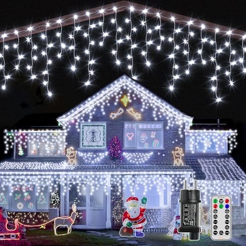 Ollny Eisregen Lichterkette Außen 15M, 600 LED Lichterkette Außen weiß mit Fernbedienung, 8 Leuchtmodi Wasserdicht Weihnachtsbeleuchtung Außen für Balkon Fenster Haus Pavillon Terrasse Weihnachtsdeko