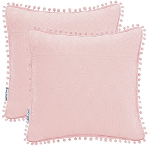 AmeliaHome 2 taies d'oreiller avec Pompons surpiqûre ultrasonique des Deux côtés 45 x 45 cm Meadore Rose poudré