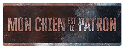 D&D Home, Warnschild Achtung vor dem Hund, 40 x 13 x 0,3 cm, französische Version, schwarzer Hintergrund, Warnschild aus Metall, rostbeständig, mit lustigem Text