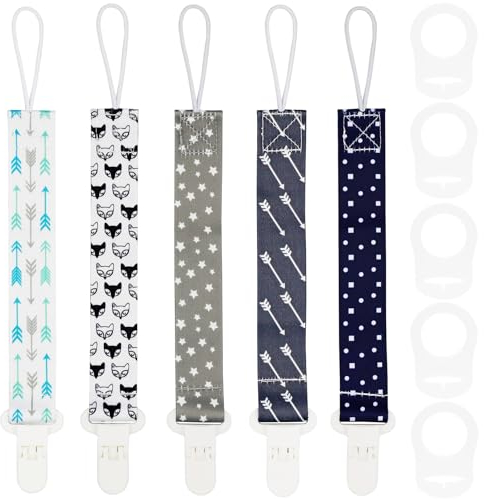 FenFang Baby Schnullerkette Stoff mit Ring, 5 Stück Schnullerband Baby mit 5 Stück Silikonring, Schnullerketten mit Clips Junge Mädchen, Pacifier Chain Nuckelband Nuckelketten (Grau)