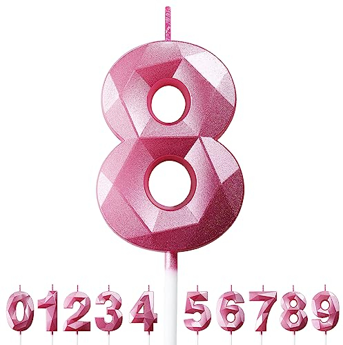 Birthday Candles for Cakes 0-9 Number Candles Pink Birthday Cake Candles for Anniversary Birthday Party Decorations Cake Toppers Number 8 Cake Candles