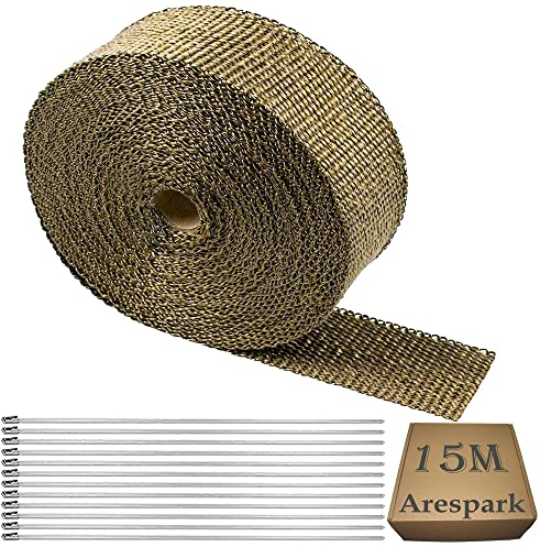 Arespark Hitzeschutzband 15M, Auspuff Hitzeschutzband aus Basaltfaser, Golden Auspuffband mit 12 Edelstahl Kabelbinder, für Auspuffkrümmer von Motorrädern und Autos