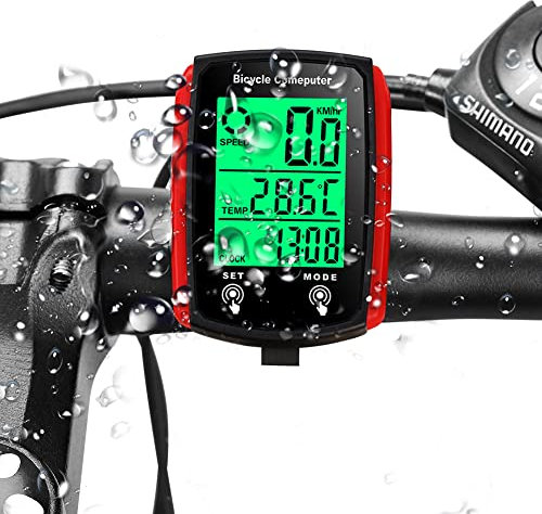 ZYWUOY Fahrradcomputer, wasserdichte Fahrrad kabelgebundener Tachometer und Kilometerzähler, LCD -Tacho, Geschwindigkeit Fahrradtacho Radcomputer, Englisch, Rot