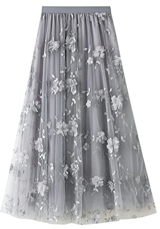 Tüllrock Damen Lang Rock Elegant Vintage Blume Stickerei Elastisch High Waist A Linie Swing Midi Sommer Faltenrock Plisseerock Winterrock Maxirock Frauen Festlich Fee Tutu Röcke Grau Blume L
