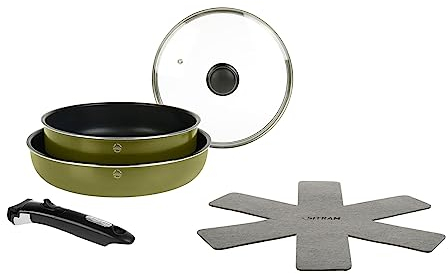 SITRAM 715711 Batería de Cocina de Aluminio Reciclado: 1 sartén Ø 24 cm + tapa de cristal + 1 sartén Ø 28 cm Verde Metalizado + mango extraíble + 1 fieltro - Todo tipo de fuegos incluida inducción