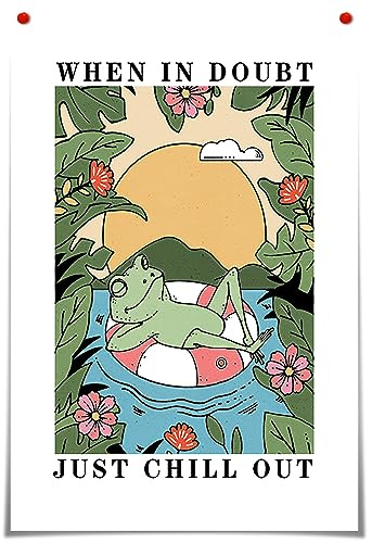 FBKDVC Lustiger Frosch Leinwand Wandkunst When In Doubt Just Chill Out Poster Positiv Positiv Positiv Inspirierendes Zitat Druck Gemälde Sonnenuntergang Grün Blumen Dekor Landhaus Schlafzimmer 40,6 x