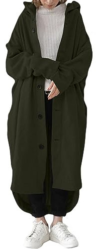 ORANDESIGNE Manteau Long à Capuche Femme Zipper Cardigan Long Couleur Unie Veste Chic Mode Oversize Trench Coat Zippé Épais Hoodie Sport Manche Longue Zip Up Coupe-Vent A Armée Verte L