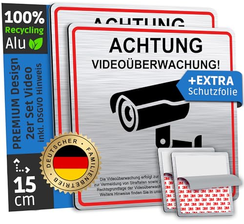 SCHILDERBOXX® 2er Set Schild Videoüberwachung DSGVO [15x15cm, 100% Alu, 3M Tape] - Aufkleber Videoüberwacht Privatgrundstück, Kameraüberwachung Grundstück Video Überwacht, Achtung Kamera Überwachung
