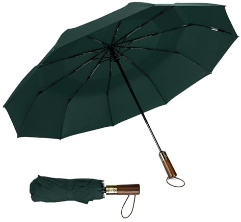 ECOHUB Paraguas Plegable Antiviento Grande, Paraguas Automatico con Doble Techo Ventilado & Mango de Madera, PET reciclado Paraguas Portátil Para hombre mujer(Verde militar)