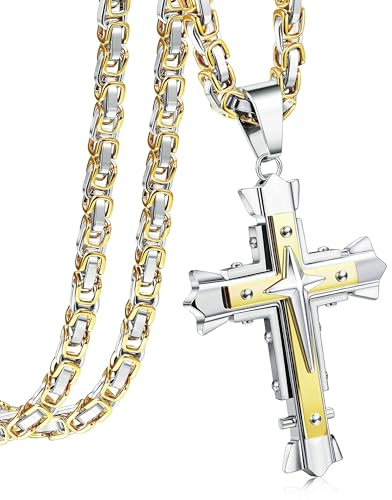 CASSIECA Kreuz Kette Herren Edelstahl Byzantinische Ketten Kreuz Anhänger für Jungs Herren Kreuz Halskette für Herren Jesus Kreuz Kette mit Königskette Gold 61cm
