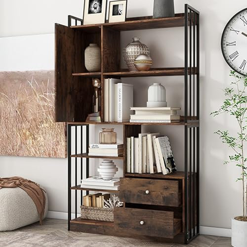 Becag Bücherregal, 6 Regal, Standregal mit Türen und 2 Schubladen, Stahlregale, Aufbewahrungsschrank, Boden biszur Decke Bücherregal, für Schlafzimmer Wohnzimmer (BraunIndustriestil mit Schwarzrahmen)