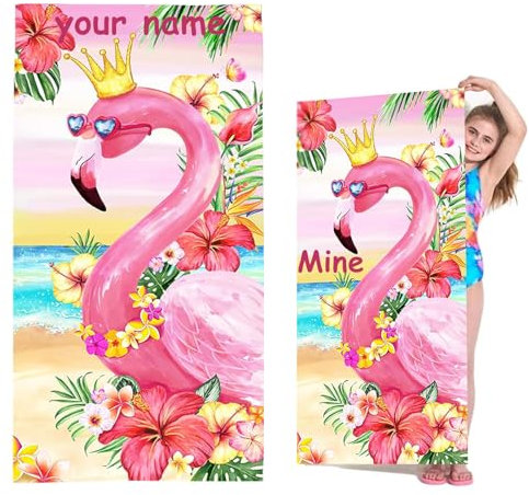Fadaing Personalisiert Flamingo Strandtuch Mit Namen, Personalisierte Handtuch Badetuch Mit Namen Mikrofaser Strandtuch Groß 100x200cm Badetuch Flamingo Für Kinder (60 x 120 cm,1)