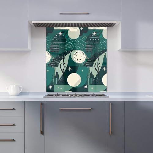 Premium Abstact Green Cream Moon and Stars Kitchen Splashback 6mm Toughened Glass Kitchen Splashback – Heat Resistant Splashback for Kitchens, Perfect for Cookers and Hobs, Polished Edges