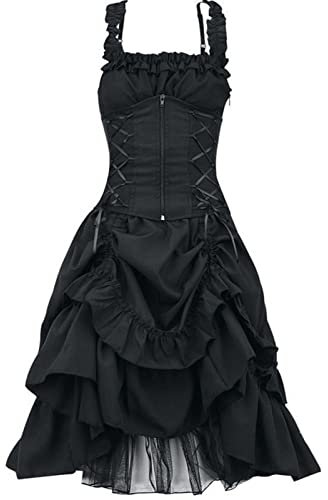 Gothic Dresses for Women UK Vintage Ruffled Spaghetti Straps Halloween Midi Dress Medieval Dress Goth Retro Punk Y2K Tiered with Corset Party Costumes for Prom/Cocktail