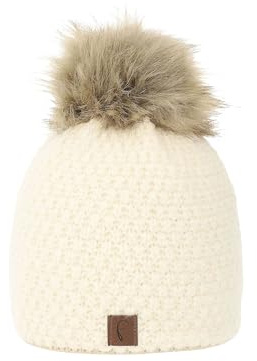 Faera Damen Bommelmütze mit Kunstfell Bommel Thermo-Fleece Innenfutter für kalte Wintertage