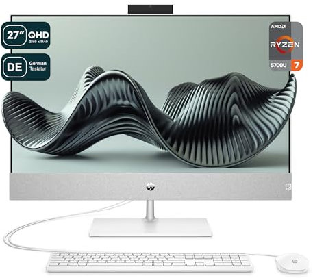 HP Pavilion All-in-One Desktop PC, AMD Ryzen 7 5700U, 32 GB DDR4 RAM, 2 TB PCIe SSD, 27 QHD IPS Display, AMD Radeon Graphics, Windows 11 Home, QWERTZ Tastatur + Maus, White