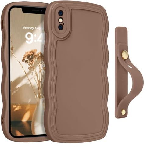GUAGUA for iPhone X/XS Case with Wrist Strap, iPhone Xs Phone Case Cute Curly Wave Shape Design Slim Soft TPU with Wristband Kickstand Shockproof Protective Anti Slip Case Cover for iPhone X/XS, Brown