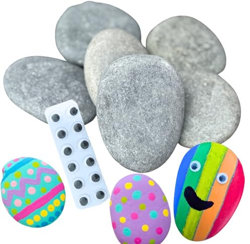 Pebbles for Painting – Rock Painting Kit with 6 Large Stones (8–10 cm) & 12 Googly Eyes for Crafts, Art & Pebble Art Projects