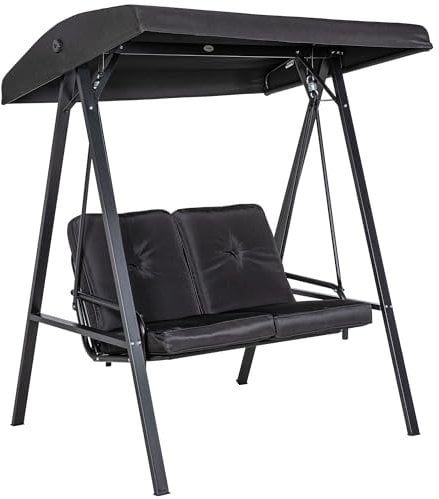 Outsunny Hollywoodschaukel 2-Sitzer Gartenschaukel mit Verstellbarem Dach, Kissen, Schaukelbank bis 220 kg Belastbar, für Garten, Balkon, Schwarz, 145 x 116 x 172 cm