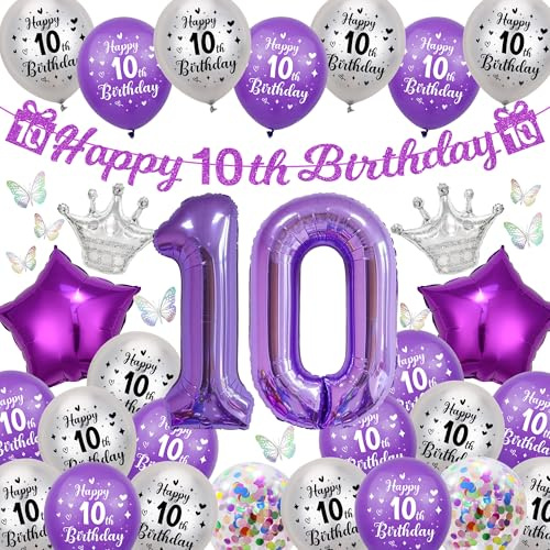 Deko 10 Geburtstag Mädchen Luftballon - Lila Happy 10th Birthday Girlande Banner und Bunte 3D Schmetterlinge, Stern Kronen Riesen Zahl Folienballon für Kinder 10 Jahre Geburtstagsdeko