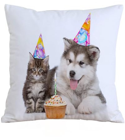 ERRTU Kissenbezug 50x50 cm,Geburtstagsdekoration für Kinder, Hunde und Katzen mit Partytüten und Cupcake-Mot,Dekokissen Kissenbezüge Deko Kissen Bezug Wohnzimmer Zierkissen für Sofa Stuhl Bett Garten