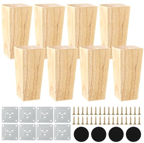 APACALI 8 Stück Möbelfüße 10cm Holz, Tischbeine Holz, Schrankfüsse, Vierkantige Möbelbeine, Holzfüße für Möbel, Möbelbeine aus Eiche mit Fußpolster
