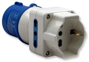 ADATTATORE INDUSTRIALE MONOFASE MULTIPRESA SPINA CEE INDUSTRIALE 16A 2P+T PRESA CENTRALE SCHUKO+10/16A 2P+T E 2 PRESE LATERALI 10/16A 2P+T IP20