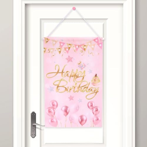 Tinoaly Happy Birthday Door Banner, Pink Hanging Door Sign Birthday Decoration Doors Hanger Backdrop Cover Porch Wall Decors for Girls Women Party Favors Supplies