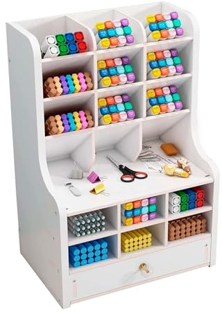ESSOSWAY Stifte Organizer Schreibtisch - Stiftehalter - 18 Fächer und Schublade - Aufbewahrung Buntstifte Bleistifte Marker - Büro Schule - Weiß