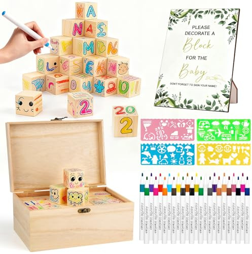82 PCS Baby Shower Games Kit, Including Decorate a Block Game Sign 52 DIY Wooden Block 24 Paint Marker for Baby Shower Decorations Boy and Girls
