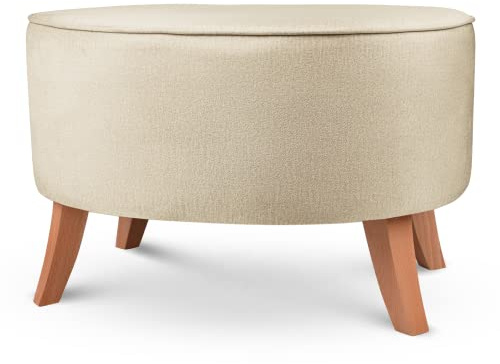 MG Design Ovaler Samt-Hocker 62 x 72 cm in Beige mit Holzbeinen – Gepolsterter Fußhocker für Wohnzimmer oder Schlafzimmer