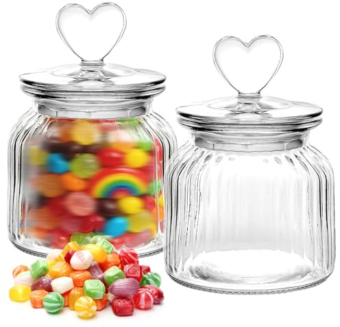 JNEYVIC 2 Stück Vorratsgläser Candy Bar Bonbonglas 650ml Vorratsdosen mit Herzdeckel glas Bonbonbehälter Süßigkeiten Glasdose Kekse Candybar Gläser Glasbehälter für Küche Bonbon Schokolade Party