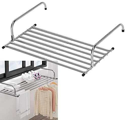 Tragbarer, zusammenklappbarer Wäscheständer aus Edelstahl, verstellbare Wäscheleine für den Innen- und Außenbereich, ideal für Balkongeländer, Fenster und Heizungen (20–34 Zoll)