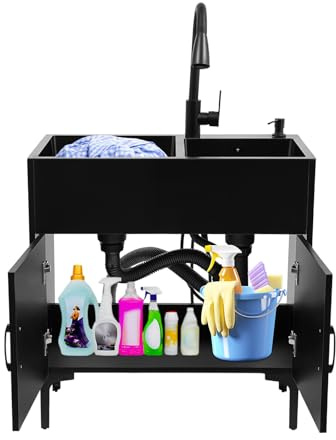 Küchenspüle mit Schrank & Ausziehbatterie - Edelstahl Spüle Doppelbecken 75cm, X-Form Ablauf und Seifenspender, Freistehend für Küche (Schwarz, Inkl. Montagezubehör)