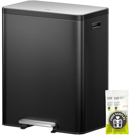 EKO EcoCasa II 36L+24L Dual Trash Can with Recycle Bin, Stainless Steel Garbage Can with Lid, Deodorizer Compartment, Odor-Proof and Fingerprint Resistant, Matte Black