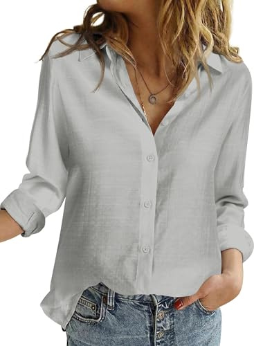 Ficovis Button Up Shirt Women Blouses for & Button-Down Shirts Office Down Womens Long Sleeve Blouse Wrinkle Free Tops Light Grey Size XL