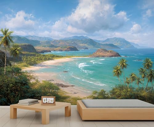 YEMYOR Ocean Island Wallpaper Summer Coastal Mural Wallpaper for Living Room Bedroom Blue Sky White Cloud Palm Trees Wall Mural for Kitchen Restaurant Office-232x158cm