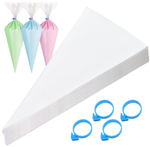 Honicemar Mangas Pasteleras Extra Grande 55 x 28 cm, 50pcs Bolsas de Pastelería Desechables Engrosada Transparente para Decorar Tartas Cupcakes Repostería y Galletas, con 4 Ligas de Silicona
