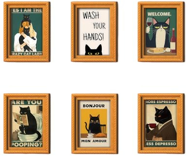 6 Pcs Black Cat Fridge Magnets, 3D Wooden Frame Animal Magnets for Fridge, Strong Refrigerator Magnet, Cute Novelty Magnets for Kitchen, Car, Garage Door, Black Cat Gifts for Adults